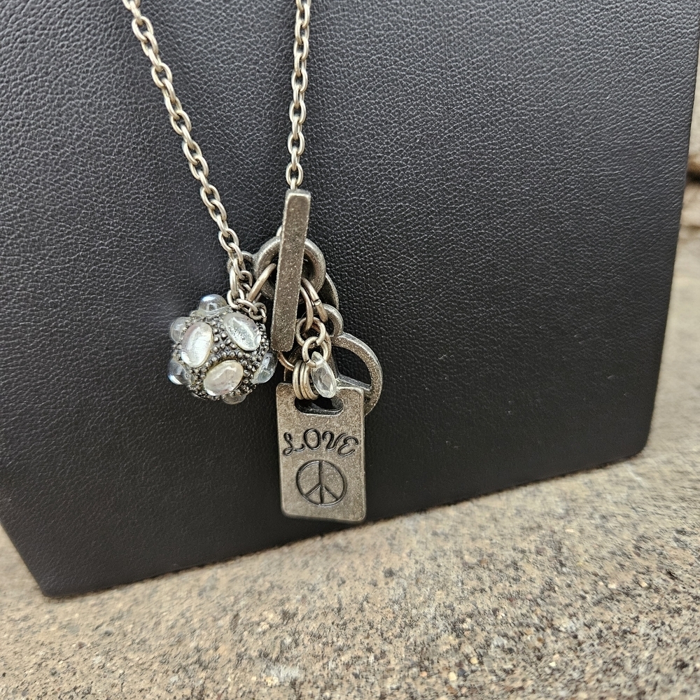 American Eagle Silver Charm Necklace Love Peace Rhinestone Y2K Women's Jewelry